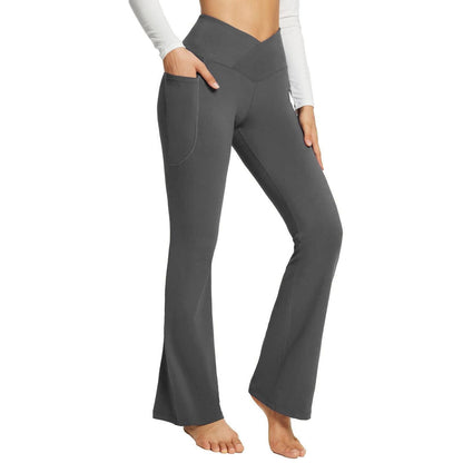 Damen Yogahose grau, hohe Taille, Bootcut, mit Taschen, bequem, elastisch, Sportbekleidung.