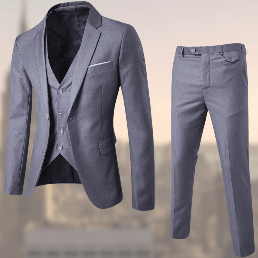 Grauer Herrenanzug mit Weste, elegantes Design, ideal für formelle Anlässe.