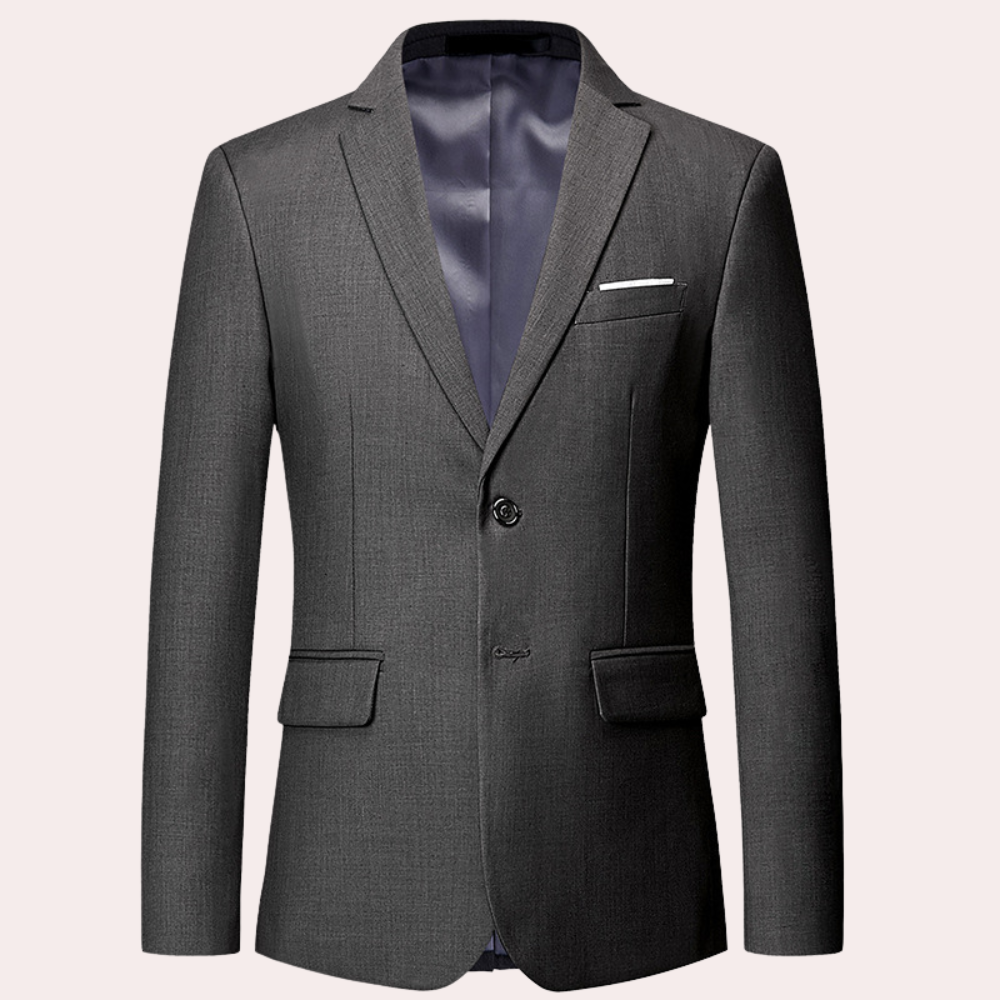 Grauer Herrenanzug, einreihig, elegantes Design, ideal für formelle Anlässe.