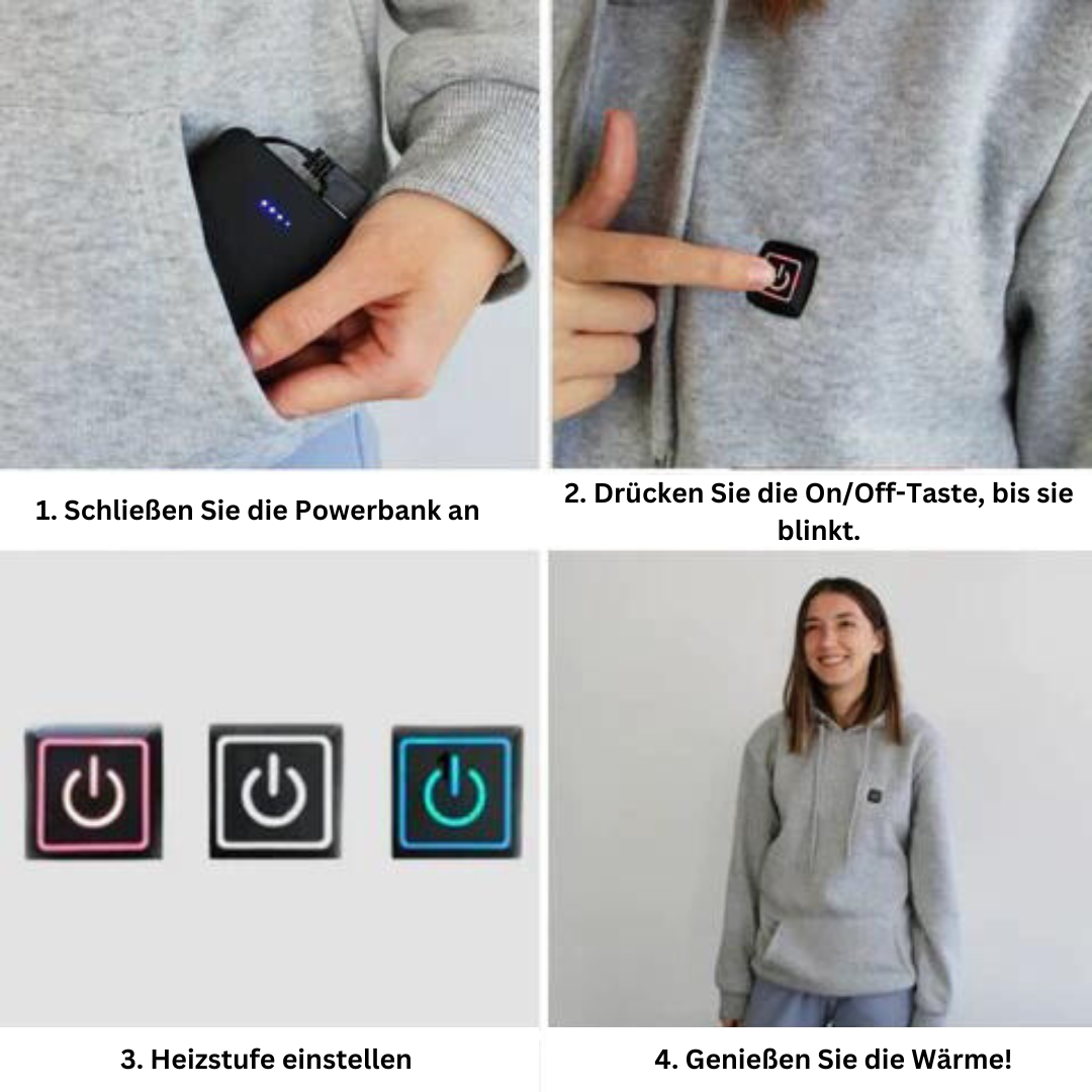 Grauer beheizbarer Hoodie, USB-Powerbank, einstellbare Heizstufen, komfortable Wärme.