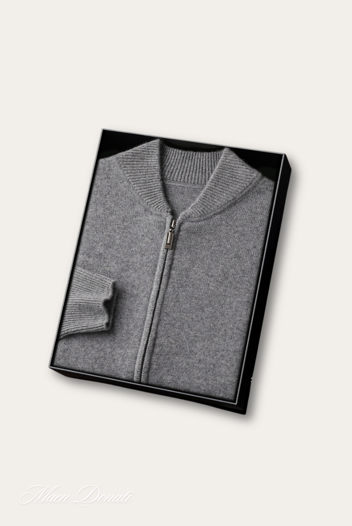 Grauer Kaschmir-Cardigan mit Reißverschluss in Geschenkbox, luxuriöse Strickmode für Herren.