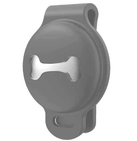 Grauer Silikon-Hundemarkenhalter mit Knochenmotiv, robust und wetterfest.