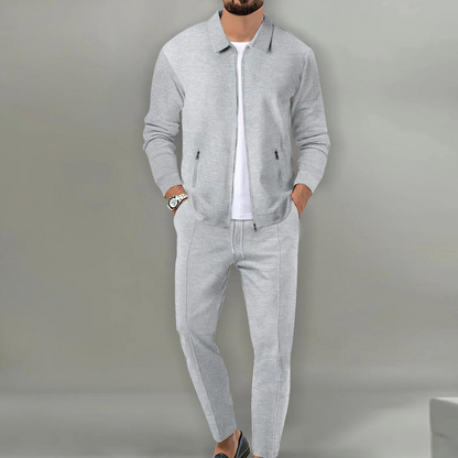 Grauer Herren-Trainingsanzug, Reißverschlussjacke, Jogginghose, Freizeitmode, Baumwolle.