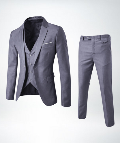 Grauer Herrenanzug dreiteilig, Sakko, Weste, Hose, formell, elegant, Businessmode.