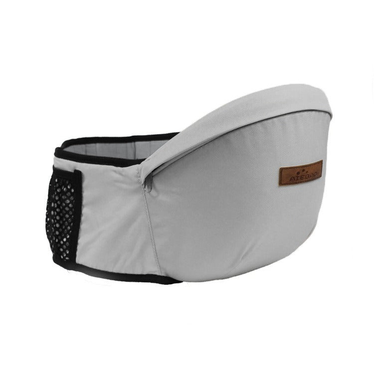 Grauer Baby-Hüftsitz, ergonomisch, atmungsaktiv, mit Netzseitentasche, ideal für unterwegs.
