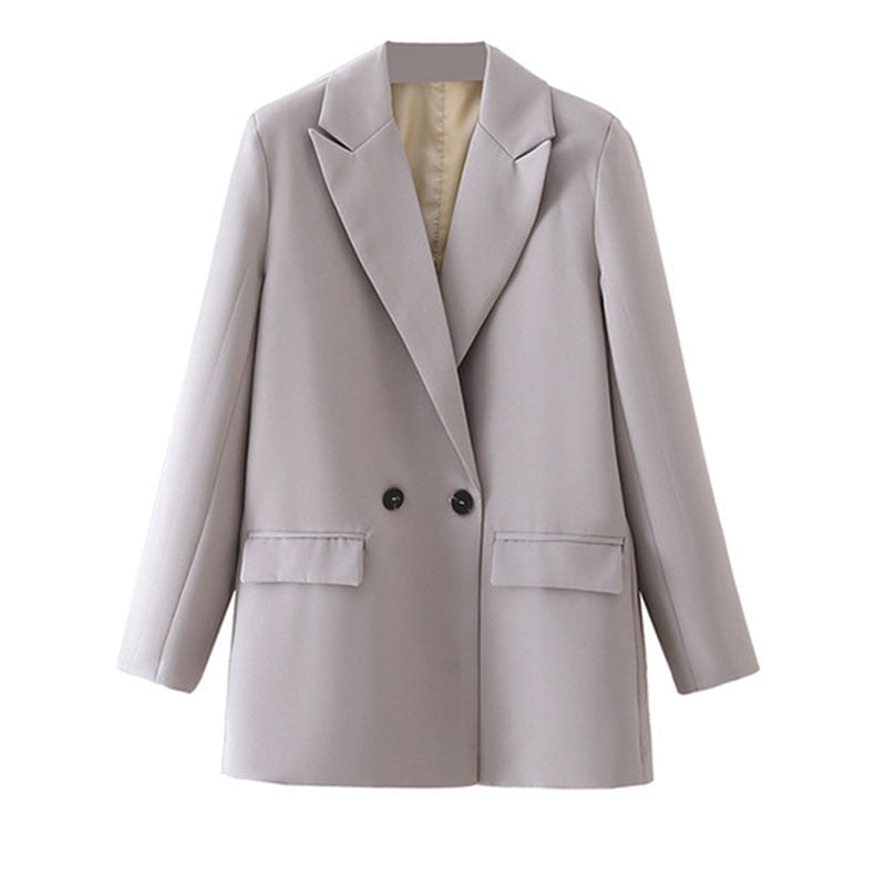 Grauer Damenblazer, zweireihig, elegant, Büro, Mode, Herbst, klassisch, stilvoll.