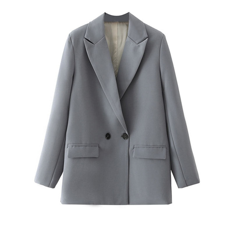 Grauer Damenblazer, zweireihig, elegant, Business-Mode, formell, klassisch, hochwertig.