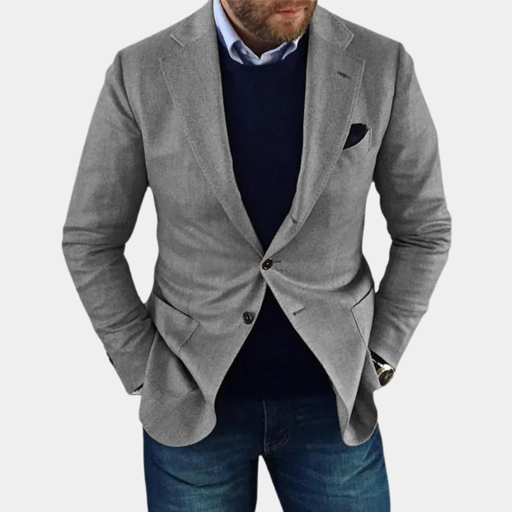 Graues Herren-Sakko, Baumwolle, klassischer Schnitt, eleganter Look, Freizeitmode.