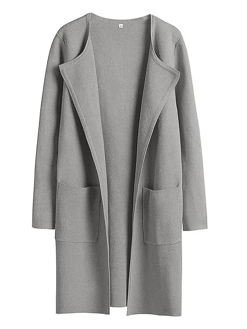 Grauer Damen-Cardigan aus Wolle, offenes Design, lange Ärmel, Taschen, modisch und bequem.