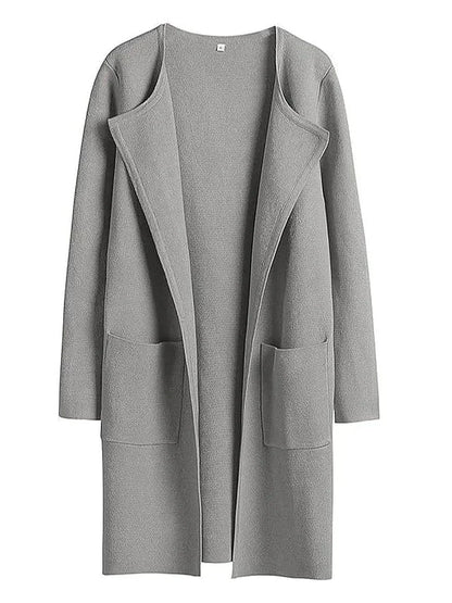 Grauer Damen-Cardigan aus Wolle, offenes Design, lange Ärmel, Taschen, modisch und bequem.