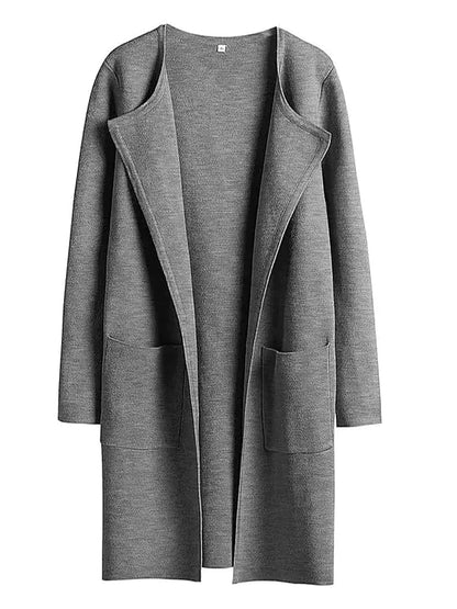 Grauer Damen-Cardigan aus Wolle, offenes Design, lange Ärmel, Taschen, modisch, bequem.