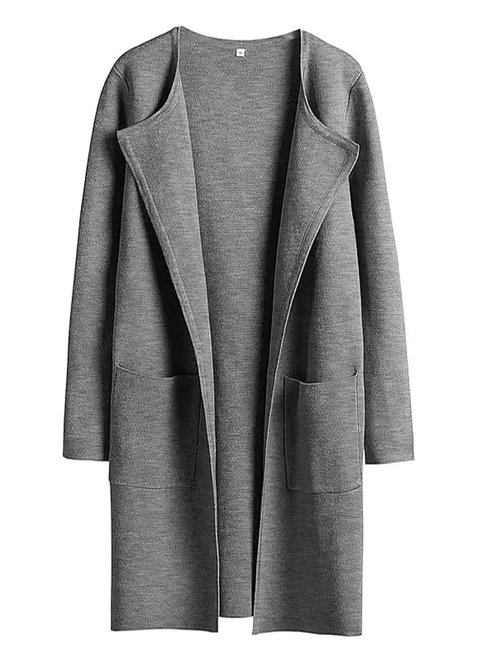 Grauer Damen-Cardigan, offener Schnitt, lange Ärmel, Taschen, Strickmode, elegant.