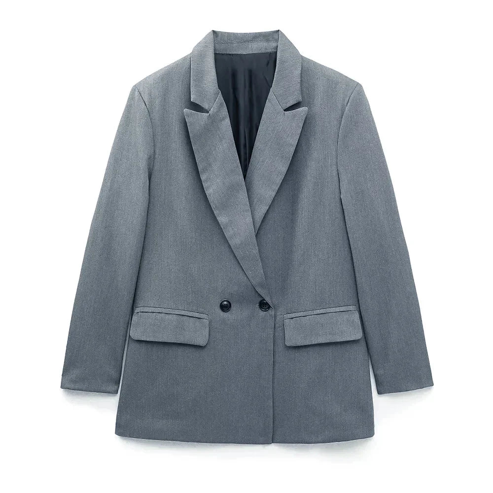 Grauer Damen-Doppelreiher-Blazer, klassisch, Büro, elegant, modisch, Anzugjacke.