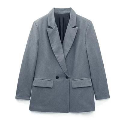 Grauer Damen-Doppelreiher-Blazer, klassisch, Büro, elegant, modisch, Anzugjacke.