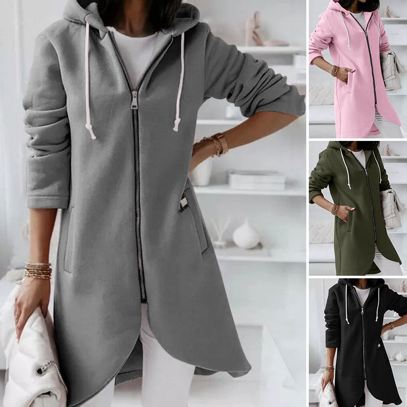 Damen Kapuzenjacke, lang, Reißverschluss, grau, rosa, olivgrün, Freizeitmode, Herbst.