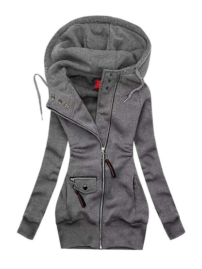 Grauer Damen-Kapuzenpullover mit Reißverschluss, modisch, bequem, Freizeitkleidung.