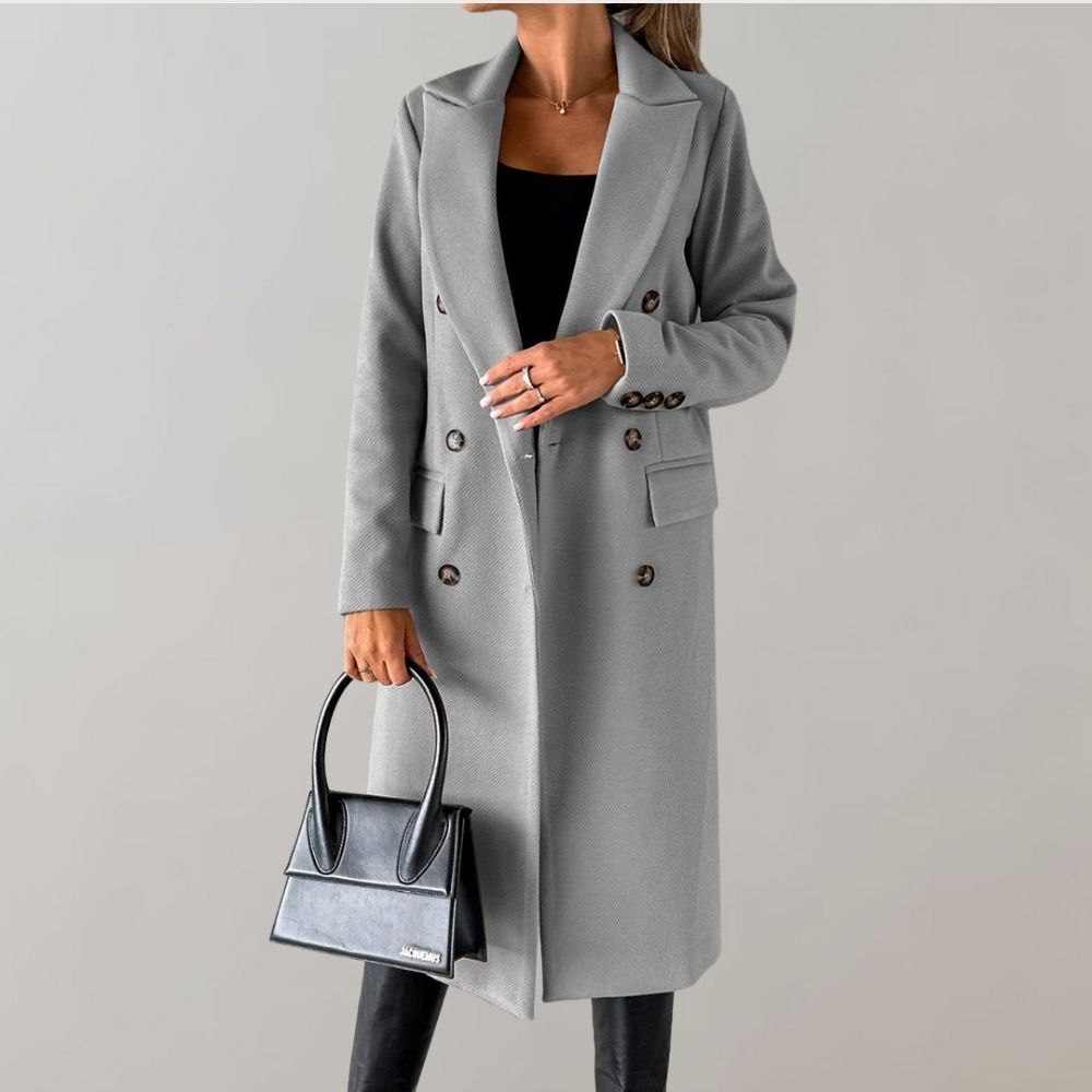 Damen Wintermantel grau, eleganter Stil, doppelte Knopfleiste, modisch, warm, hochwertig.