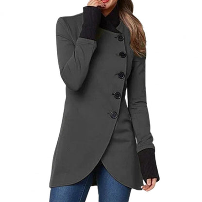 Damenmantel grau asymmetrisch, Knopfleiste, elegantes Design, Herbstmode, lange Ärmel.