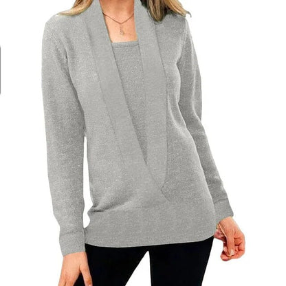 Grauer Damenpullover, V-Ausschnitt, langärmelig, weiches Material, modisch, bequem.