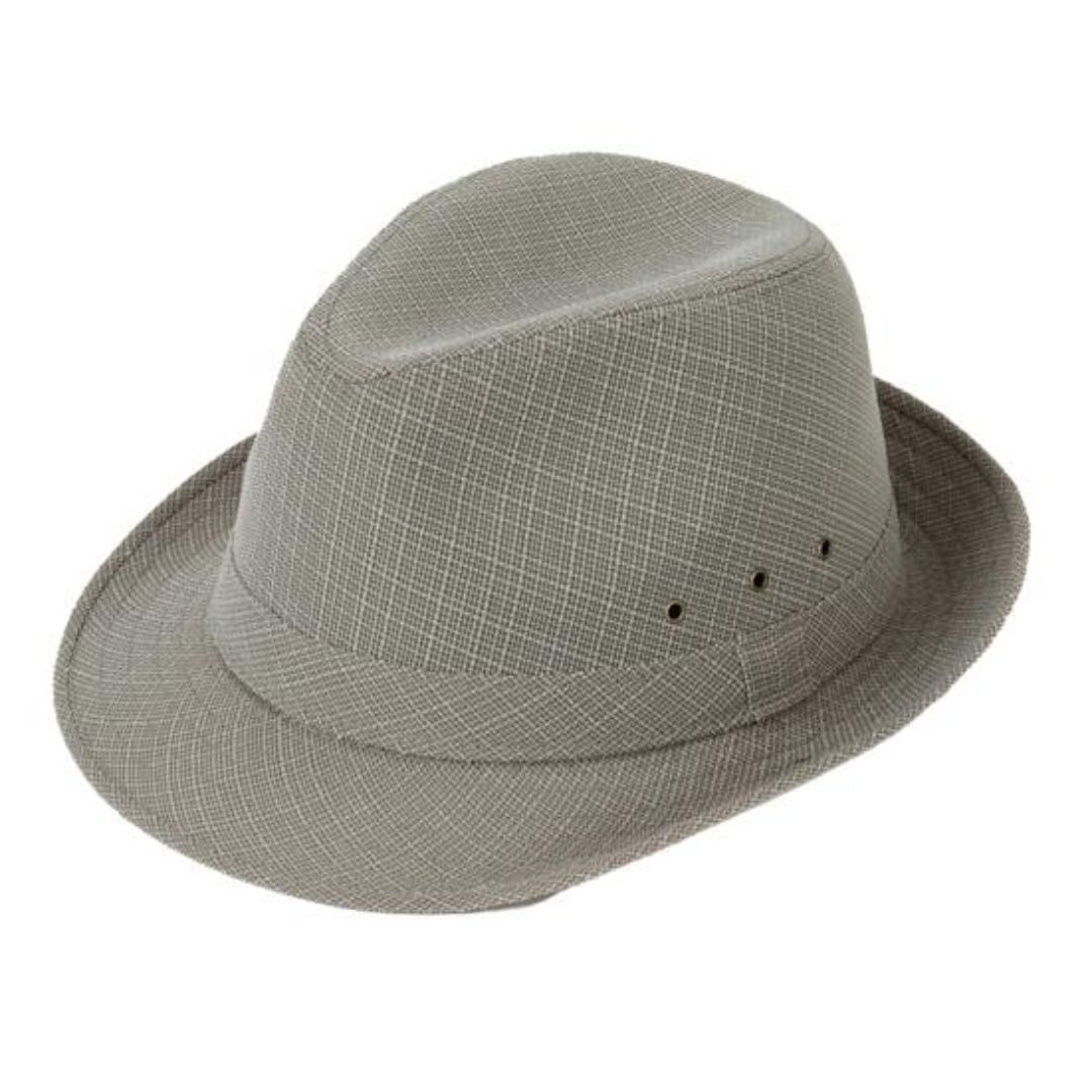 Grauer Fedora-Hut aus Baumwolle, atmungsaktiv, stilvoll, ideal für Herrenmode.