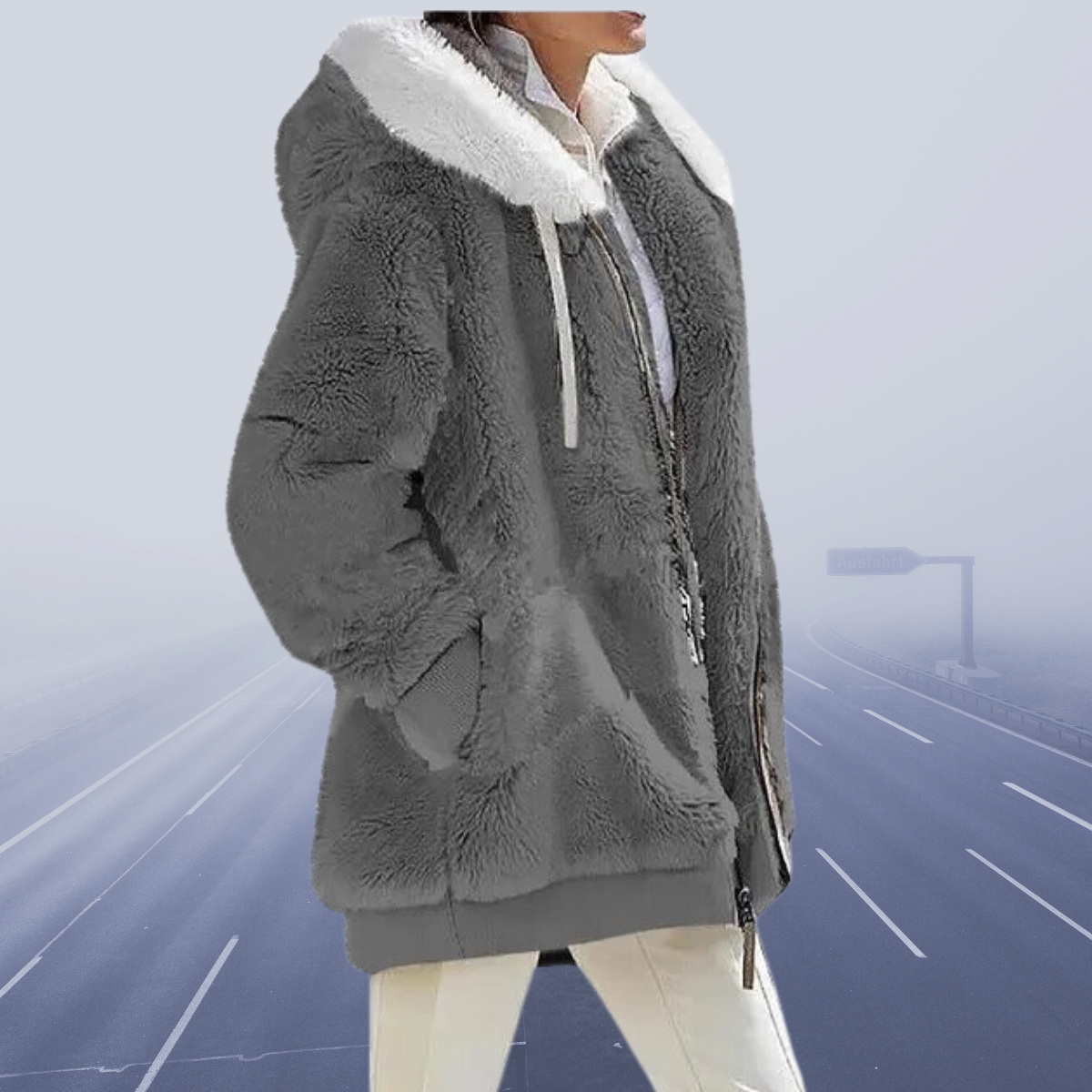 Damen Winterjacke grau, flauschig, Kapuze, Reißverschluss, warm, modisch, Outdoor-Bekleidung.