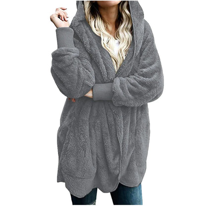 Damen Kapuzenpullover, grau, flauschig, warm, Wintermode, gemütlich, Freizeitkleidung.