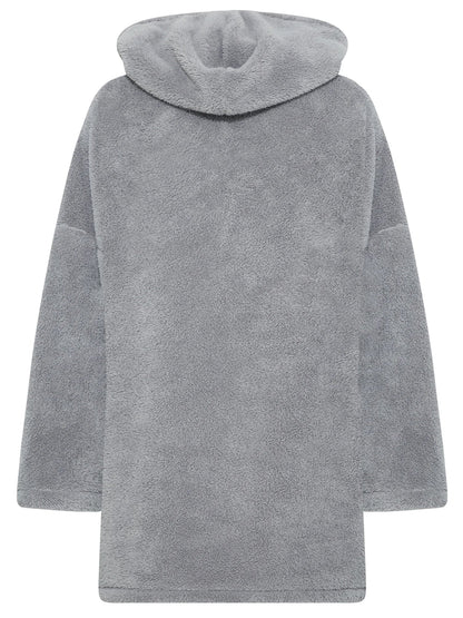 Grauer Kapuzenpullover aus Fleece, kuschelig und warm, ideal für kalte Tage.
