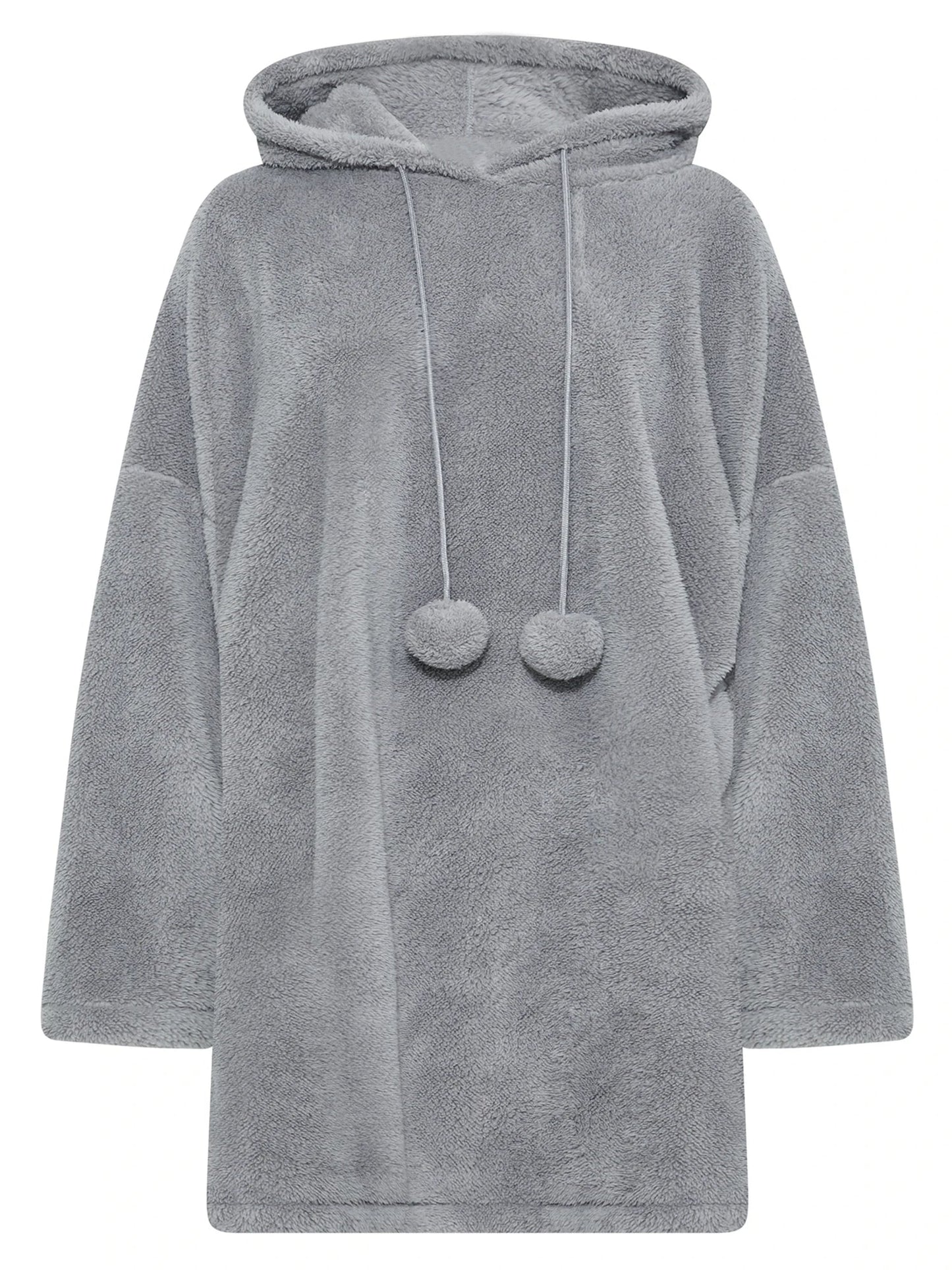 Grauer Kapuzenpullover aus Fleece, gemütlich, mit Kordeln und Pompons, ideal für kalte Tage.