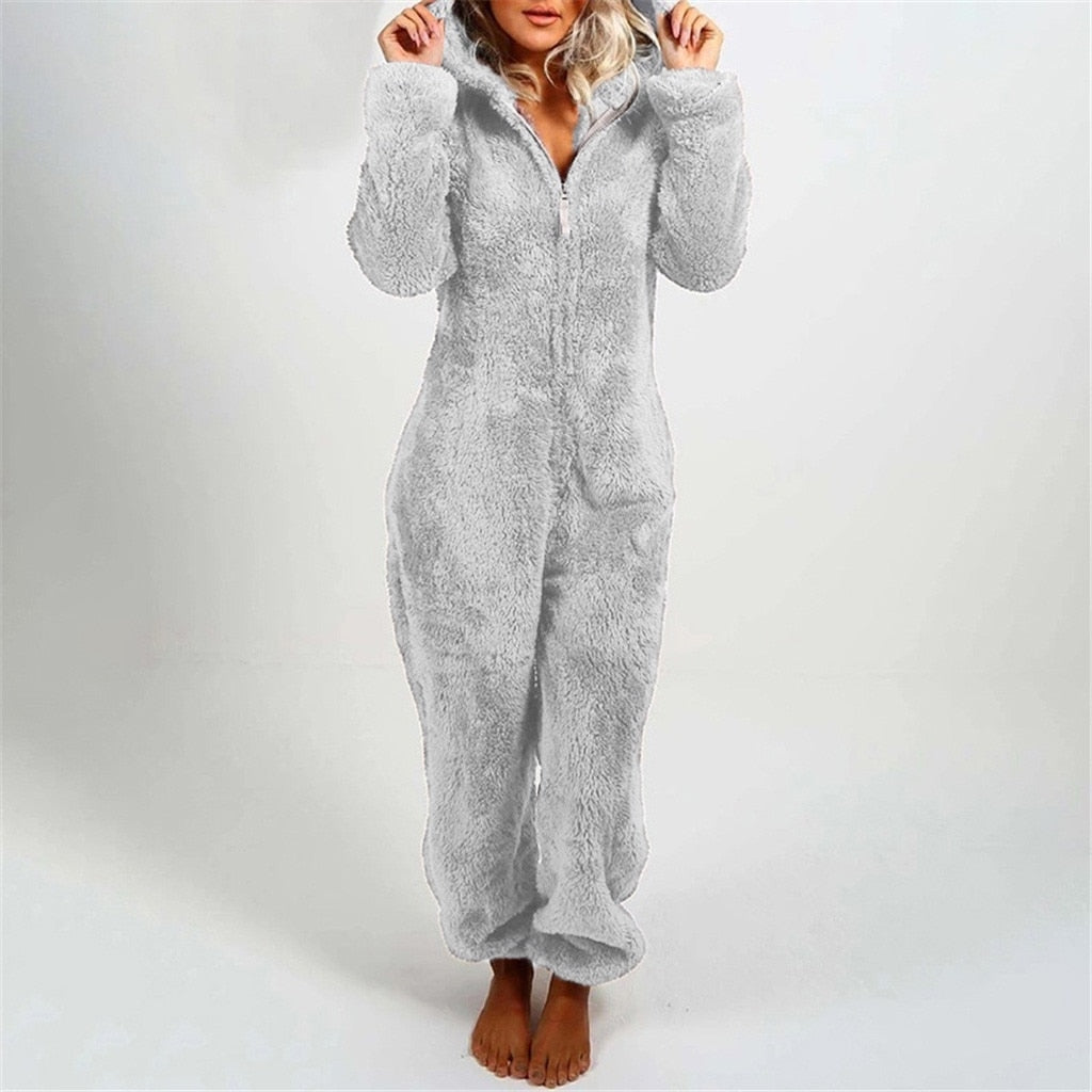 Damen grauer Fleece-Overall mit Kapuze, gemütlicher Einteiler, Wintermode, warm und weich.