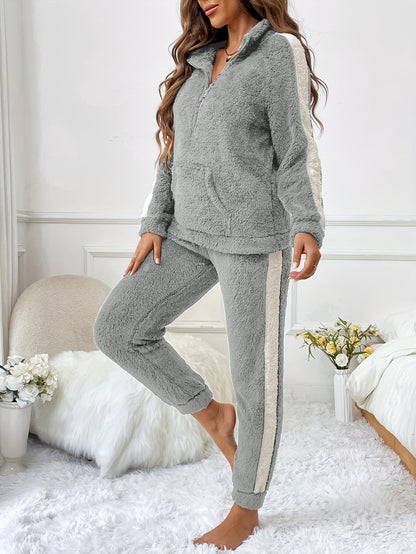 Damen Fleece Jogginganzug, grau, Reißverschluss, gemütlich, Freizeitmode, Herbst-Winter-Outfit