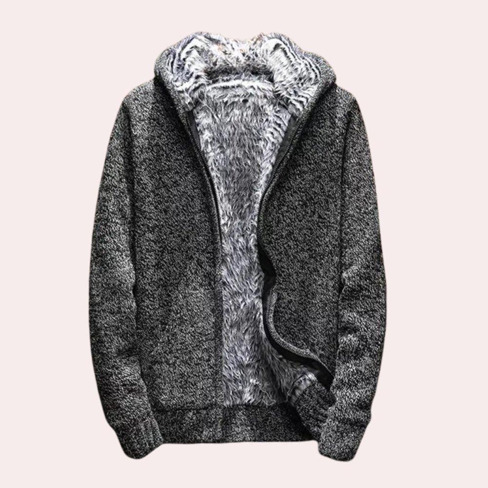 Grauer Herren-Fleece-Hoodie mit Reißverschluss, warmes Winterkleidungsstück, flauschiges Innenfutter.