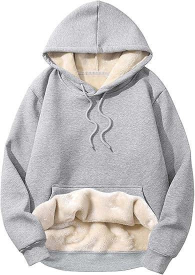 Grauer Kapuzenpullover mit Fleece-Futter, Kängurutasche, Unisex, warm, bequem, Wintermode.