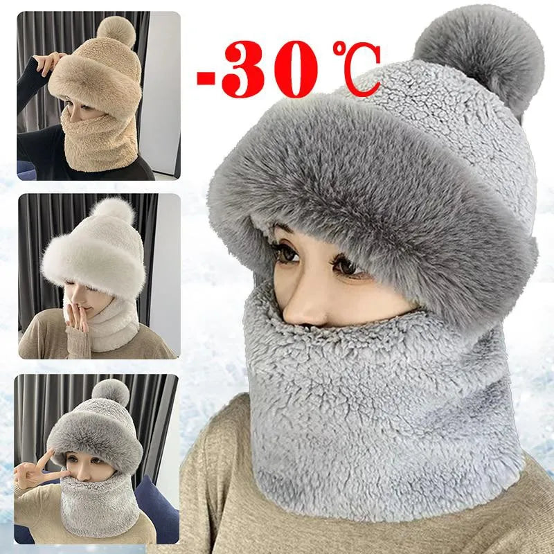 Damen Wintermütze mit Schal, grau, warm, Kunstpelz, -30°C, modisch, kuschelig.