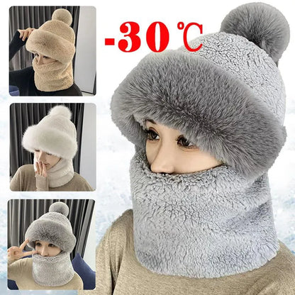 Damen Wintermütze mit Schal, grau, warm, Kunstpelz, -30°C, modisch, kuschelig.