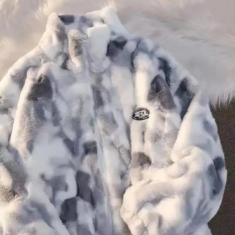 Grauer und weißer Kunstpelzjacke mit Reißverschluss, modisch, warm, Winterbekleidung.
