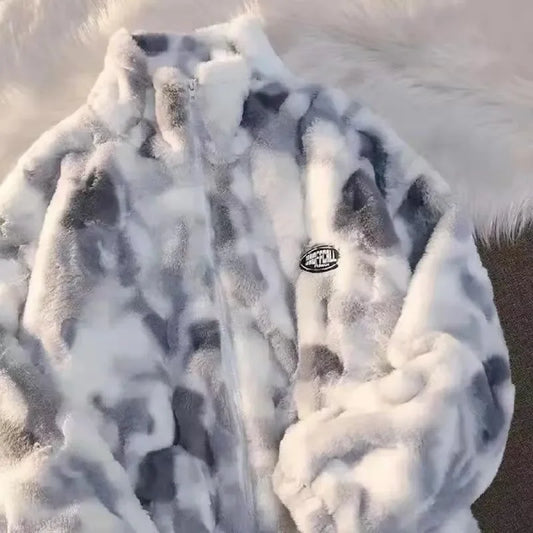 Grauer und weißer Kunstpelzjacke mit Reißverschluss, modisch, warm, Winterbekleidung.