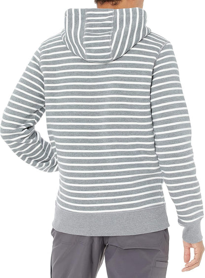 Grauer gestreifter Kapuzenpullover aus Baumwolle, Herrenmode, Freizeitkleidung, Rückansicht.