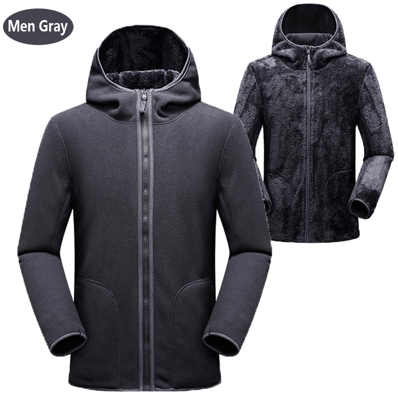 Grauer Herren-Fleecejacke mit Kapuze, Reißverschluss, warm, Wintermode, Vorder- und Rückansicht.
