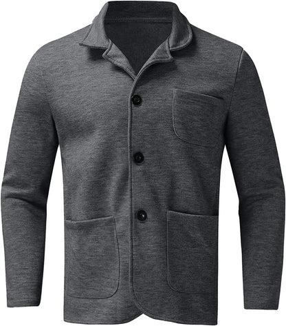 Grauer Herren-Cardigan, Knopfleiste, weiches Material, modisch, langärmlig, Freizeitkleidung.