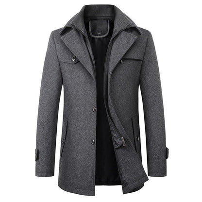 Grauer Herren-Wollmantel, Winterjacke, klassisches Design, Knopfleiste, modisch, warm.