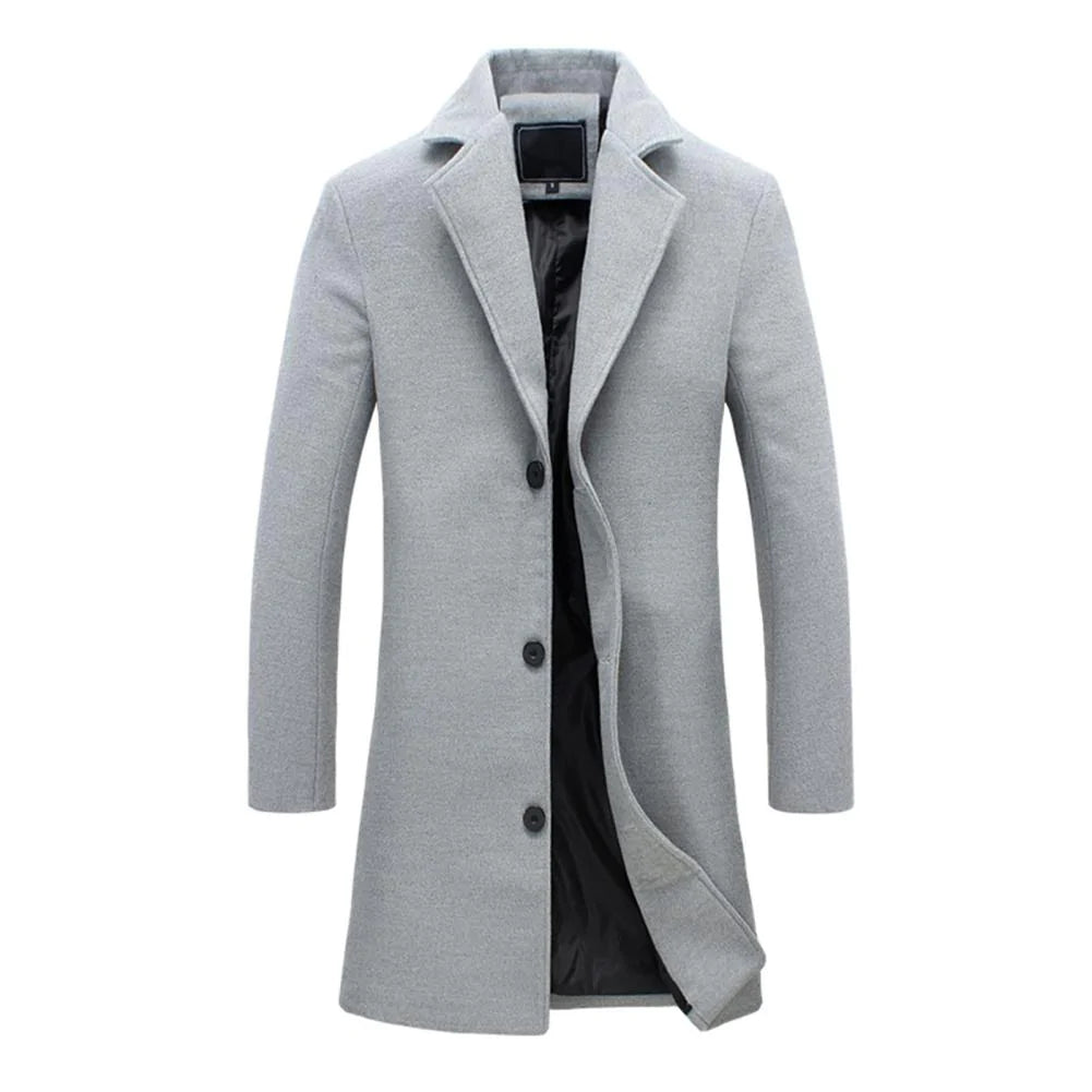 Grauer Herren-Wollmantel, eleganter Wintermantel, klassischer Stil, Knopfleiste.