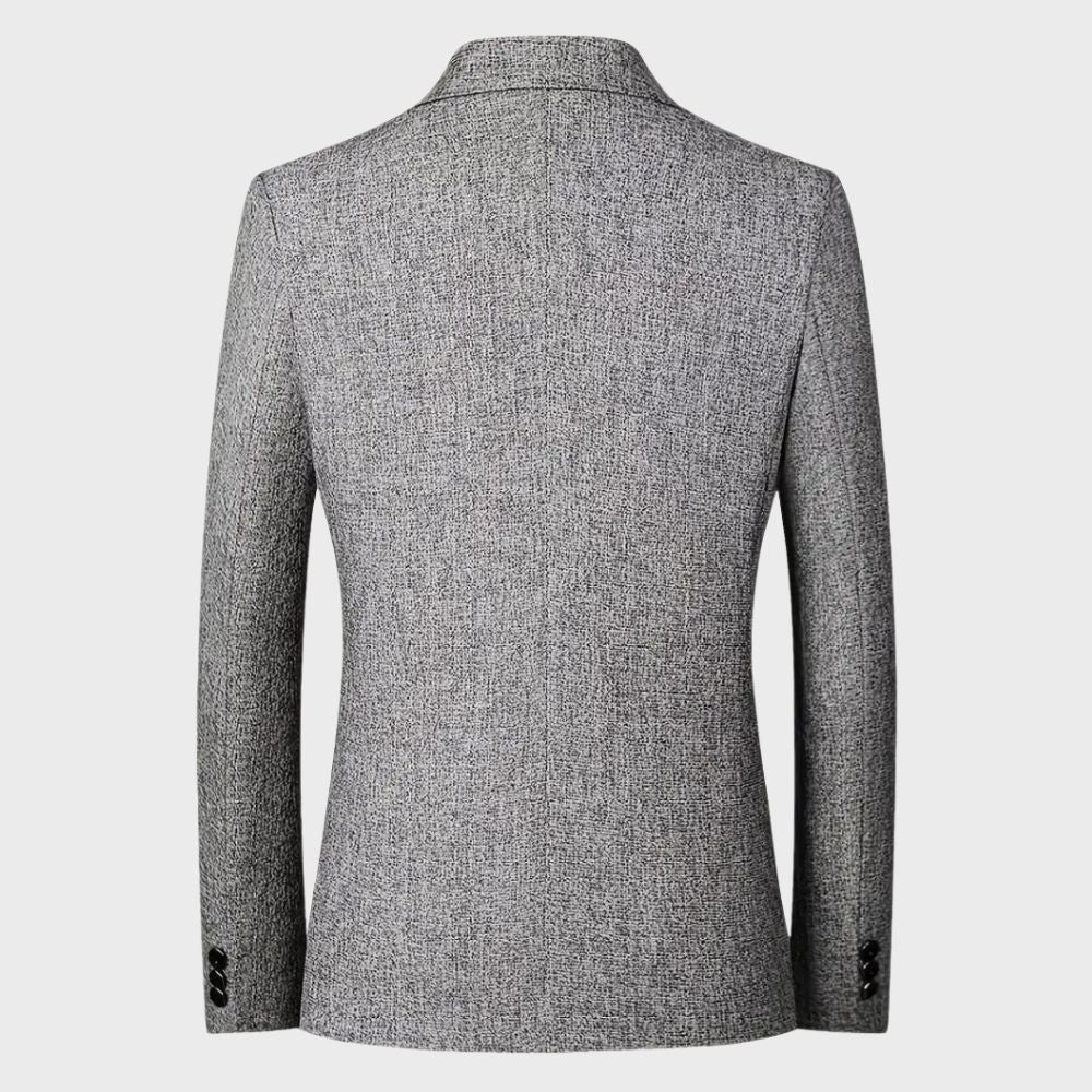 Grauer Herrenblazer, stilvoll, Rückansicht, elegantes Design, hochwertige Verarbeitung.