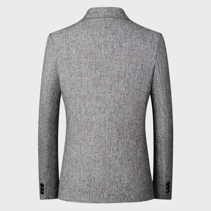 Grauer Herrenblazer, stilvoll, Rückansicht, elegantes Design, hochwertige Verarbeitung.