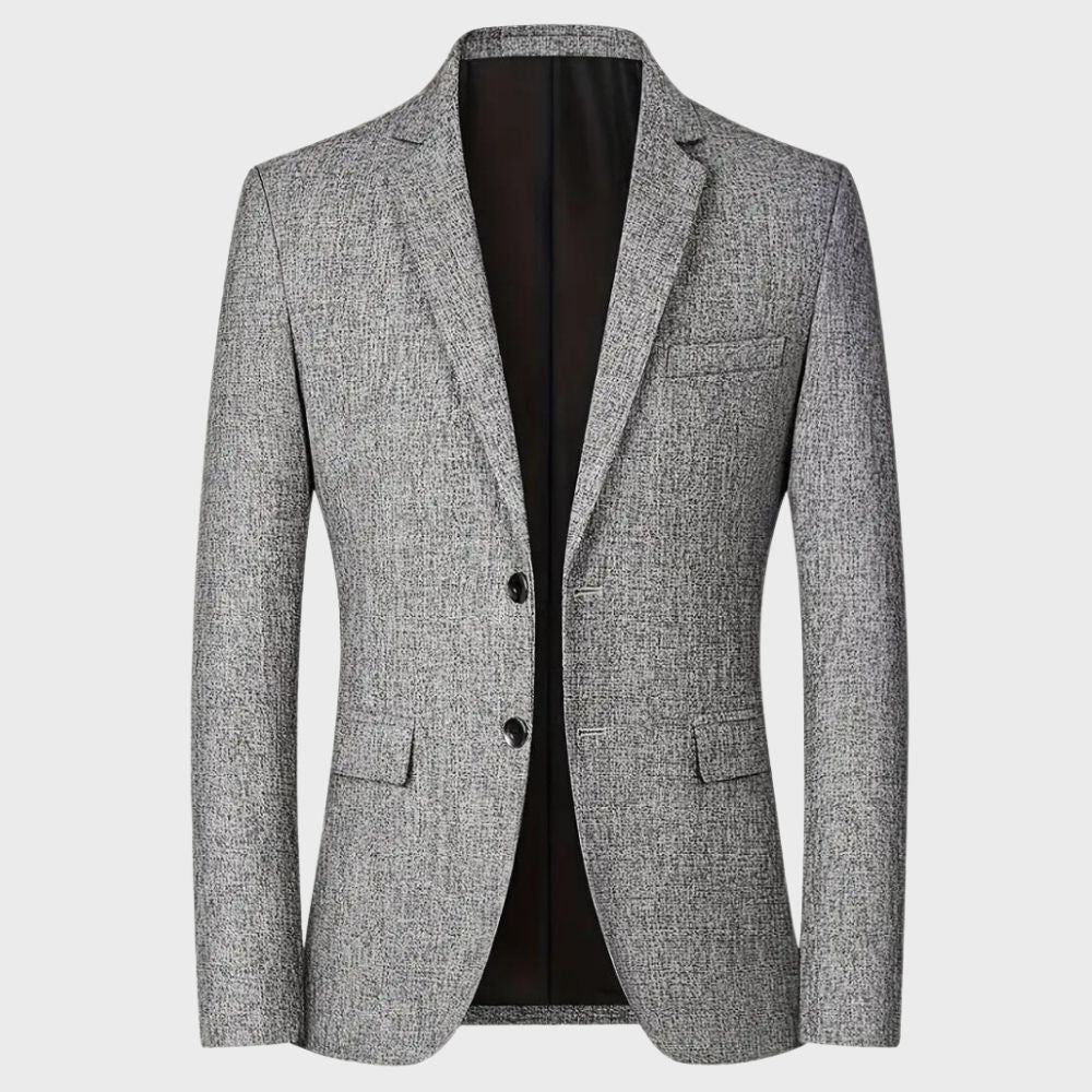 Grauer Herrenblazer, stilvoll, elegant, aus hochwertigem Material, ideal für formelle Anlässe.