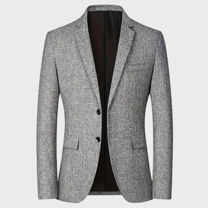 Grauer Herrenblazer, stilvoll, elegant, aus hochwertigem Material, ideal für formelle Anlässe.