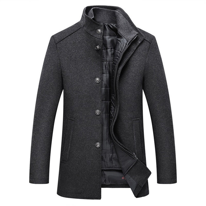 Grauer Herrenmantel, winddicht, gestreift, Wolle, lange Jacke, modisch, elegant.