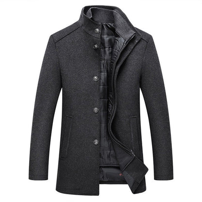 Grauer Herrenmantel, winddicht, gestreift, Wolle, lange Jacke, modisch, elegant.