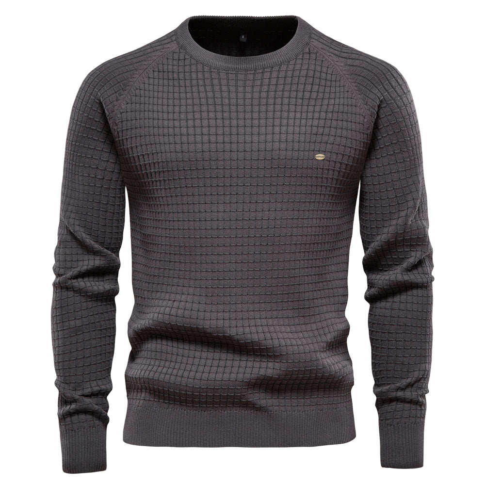 Grauer Herrenpullover aus 100% Baumwolle, O-Ausschnitt, Wintermode, hochwertiges Strickdesign.