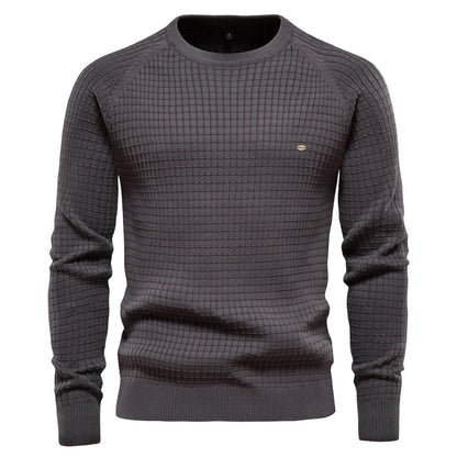 Grauer Herrenpullover aus 100% Baumwolle, O-Ausschnitt, Wintermode, hochwertiges Strickdesign.