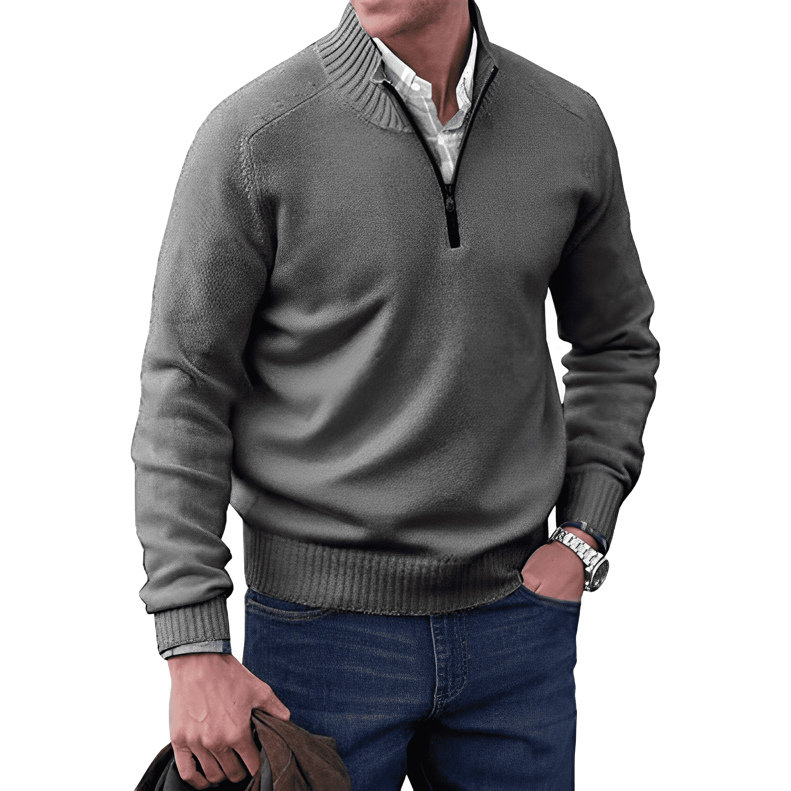 Mann in grauem Pullover mit Reißverschluss, weißem Hemd und blauer Jeans, hält braune Jacke.